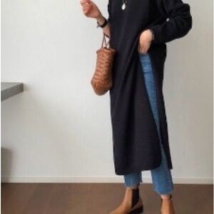 Black Long Split-Side Knit Tunic Dress - Unbranded